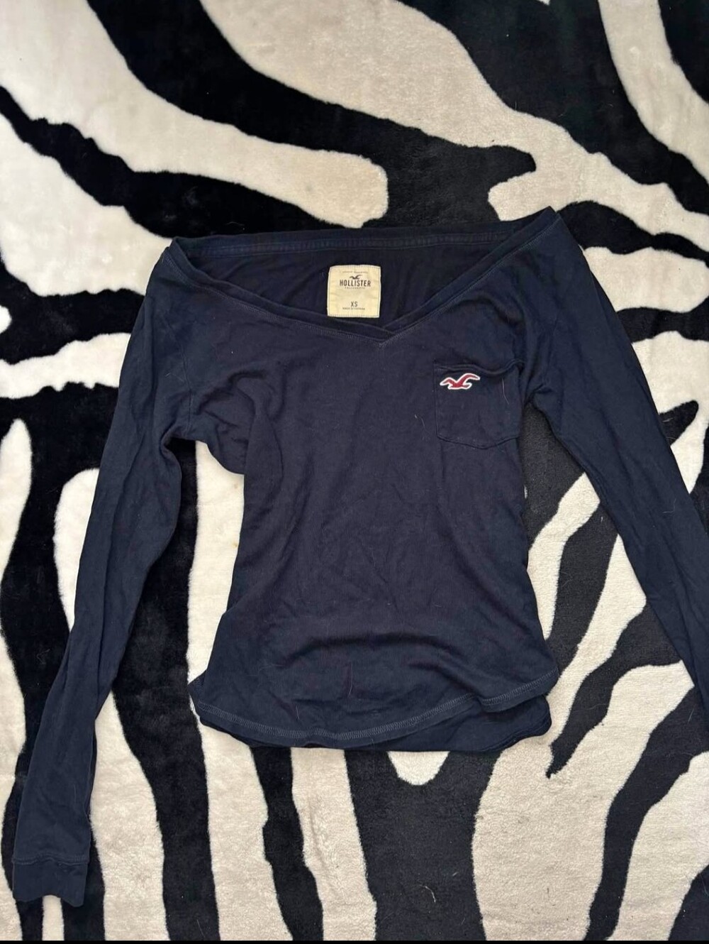 Hollister Navy V-Neck Long Sleeve Flowy Top with Chest Pocket Logo